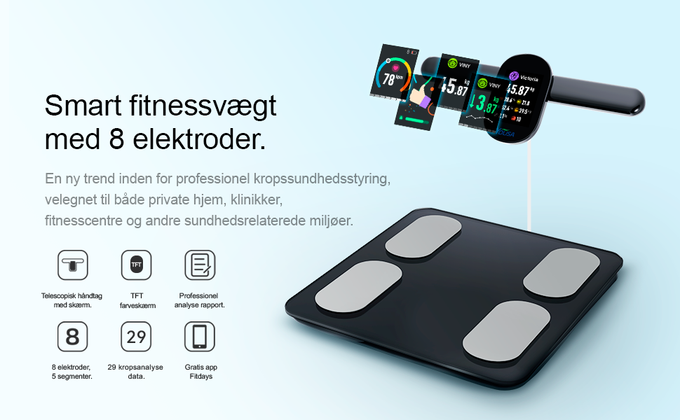 smart vægt, kropsanalysevægt, avanceret vægt, kropsvægtmåler, digital badevægt, kropskompositionsmåler, kropsfedtanalysator, muskelmasse måling, BMI beregner, kropsvæskeanalyse, metabolisk alder måling, avanceret kropsanalyse, vægt med app, sundhedsdata tracking, kropsfedtprocent måling, kropsmasse måling, kropsvæskeprocent måling, mobilforbundet vægt, vægt med bluetooth, kropskompositionsmåler med app, sundhedsmonitorering, vægtanalyse, kropsanalyse i hjemmet, personlig kropskomposition, kropsmålingsvægt,